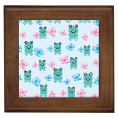 Frog Green Pink Flower Framed Tiles by Mariart