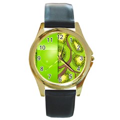 Fruit Slice Kiwi Green Round Gold Metal Watch by Mariart