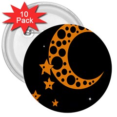 Moon Star Space Orange Black Light Night Circle Polka 3  Buttons (10 Pack)  by Mariart