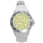 Merry Christmas Polka Dot Circle Snow Tree Green Orange Red Gray Round Plastic Sport Watch (L) Front