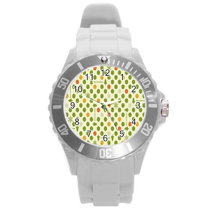 Merry Christmas Polka Dot Circle Snow Tree Green Orange Red Gray Round Plastic Sport Watch (L)