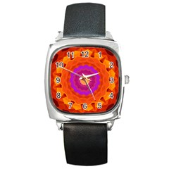 Mandala Orange Pink Bright Square Metal Watch