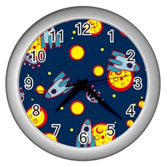 Rocket Ufo Moon Star Space Planet Blue Circle Wall Clocks (silver)  by Mariart