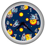 Rocket Ufo Moon Star Space Planet Blue Circle Wall Clocks (Silver)  Front