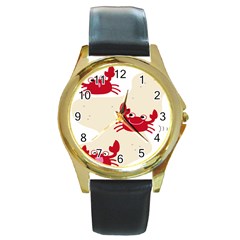 Sand Animals Red Crab Round Gold Metal Watch