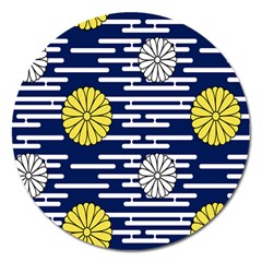 Sunflower Line Blue Yellpw Magnet 5  (Round)