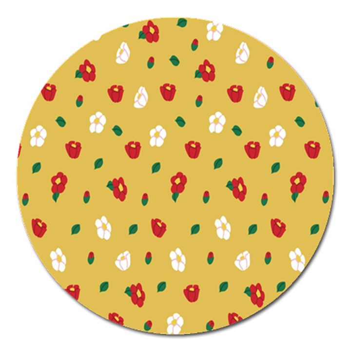 Tulip Sunflower Sakura Flower Floral Red White Leaf Green Magnet 5  (Round)