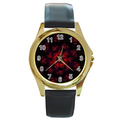 Fractal Abstract Blossom Bloom Red Round Gold Metal Watch