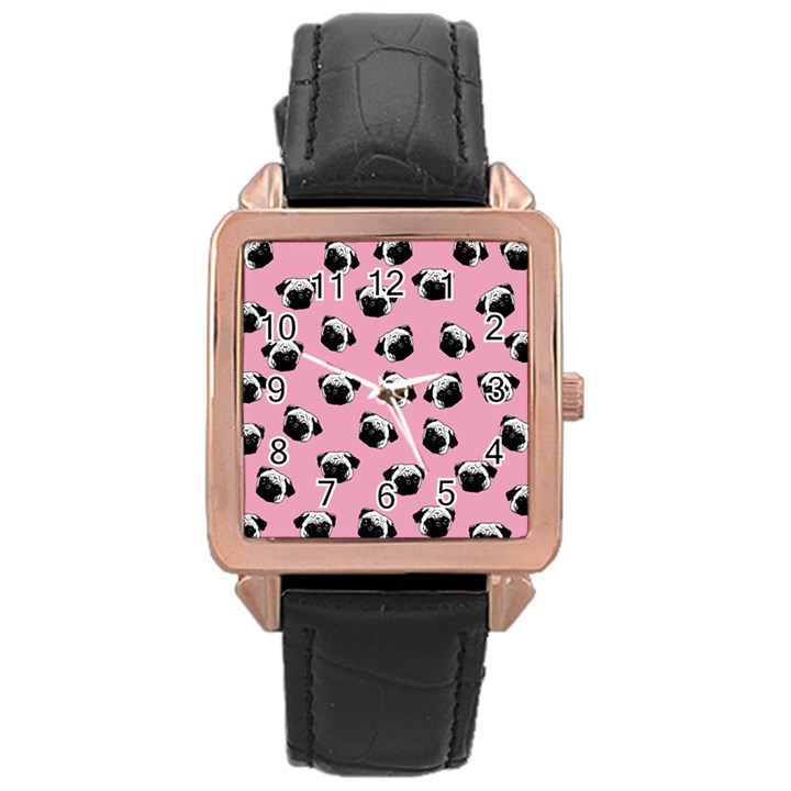 Pug dog pattern Rose Gold Leather Watch 