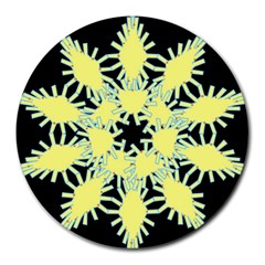 Yellow Snowflake Icon Graphic On Black Background Round Mousepads by Nexatart