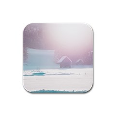 Winter Day Pink Mood Cottages Rubber Square Coaster (4 Pack)  by Nexatart