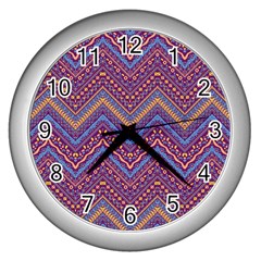 Colorful Ethnic Background With Zig Zag Pattern Design Wall Clocks (silver)  by TastefulDesigns