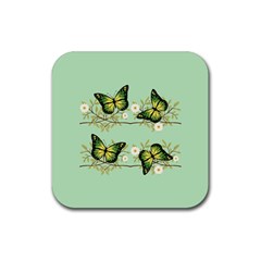 Four Green Butterflies Rubber Coaster (square)  by linceazul