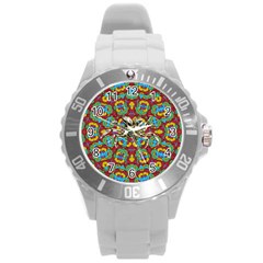 Geometric Multicolored Print Round Plastic Sport Watch (l) by dflcprints