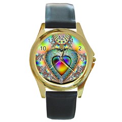 Rainbow Fractal Round Gold Metal Watch