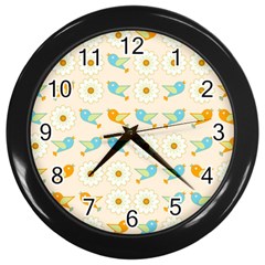 Birds And Daisies Wall Clocks (black) by linceazul