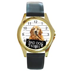 Bad Dog Round Gold Metal Watch by Valentinaart