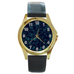 Leaf Pattern Round Gold Metal Watch by berwies