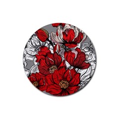 Red Flowers Pattern Rubber Coaster (round)  by TastefulDesigns