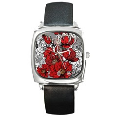 Red Flowers Pattern Square Metal Watch by TastefulDesigns