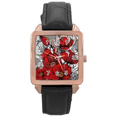 Red Flowers Pattern Rose Gold Leather Watch  by TastefulDesigns