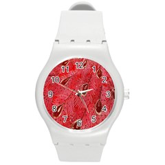 Red Peacock Floral Embroidered Long Qipao Traditional Chinese Cheongsam Mandarin Round Plastic Sport Watch (M)