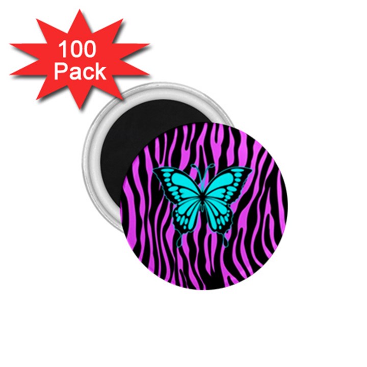 Zebra Stripes Black Pink   Butterfly Turquoise 1.75  Magnets (100 pack) 