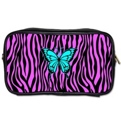 Zebra Stripes Black Pink   Butterfly Turquoise Toiletries Bags 2-side by EDDArt