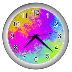 Grunge Radial Gradients Red Yellow Pink Cyan Green Wall Clocks (silver)  by EDDArt