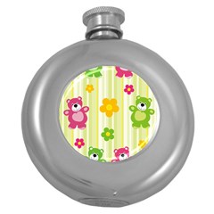 Animals Bear Flower Floral Line Red Green Pink Yellow Sunflower Star Round Hip Flask (5 Oz) by Mariart