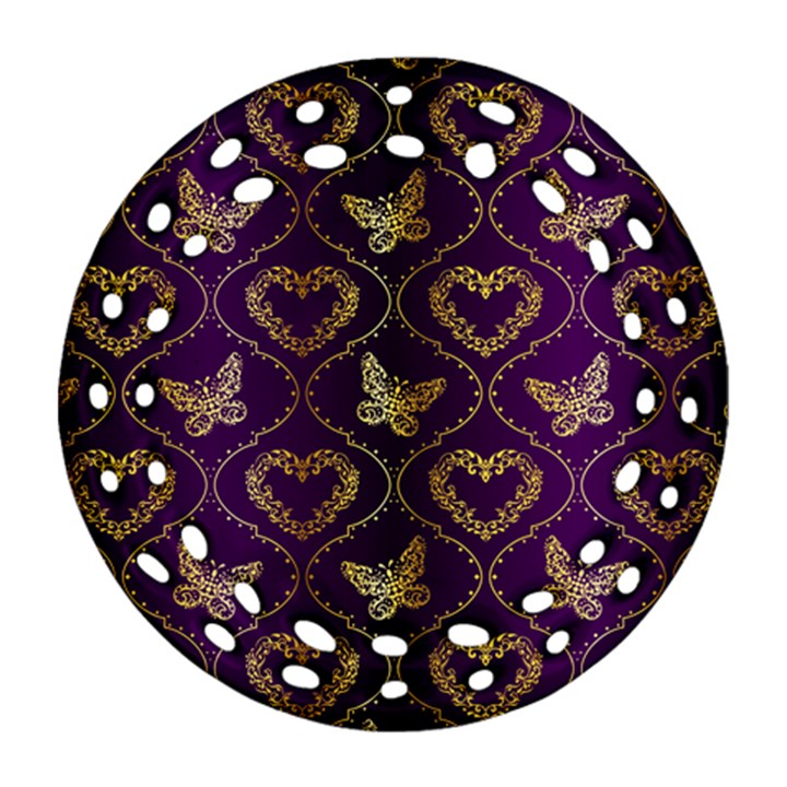 Flower Butterfly Gold Purple Heart Love Ornament (Round Filigree)