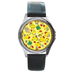 Animals Yellow Chicken Chicks Worm Green Round Metal Watch by Mariart