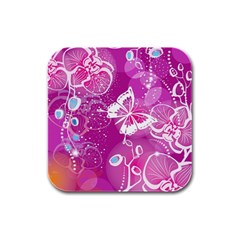 Flower Butterfly Pink Rubber Square Coaster (4 Pack)  by Mariart