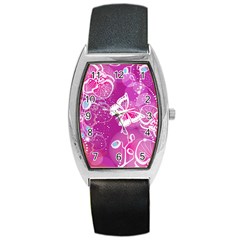 Flower Butterfly Pink Barrel Style Metal Watch by Mariart