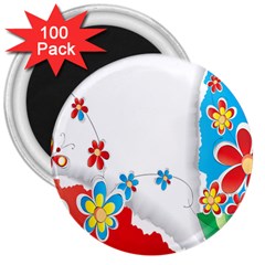 Flower Floral Papper Butterfly Star Sunflower Red Blue Green Leaf 3  Magnets (100 Pack)