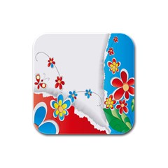 Flower Floral Papper Butterfly Star Sunflower Red Blue Green Leaf Rubber Square Coaster (4 Pack) 