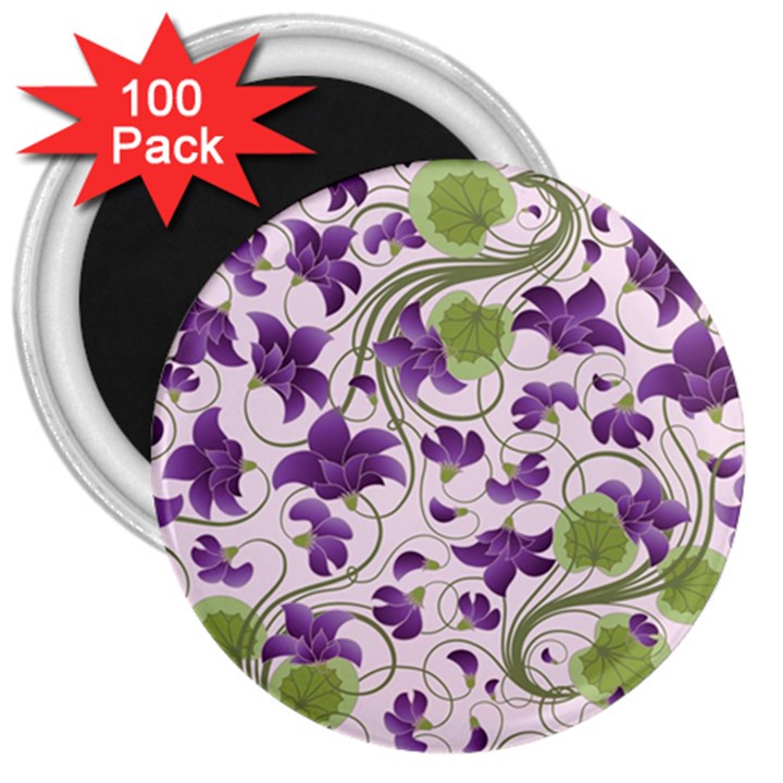 Flower Sakura Star Purple Green Leaf 3  Magnets (100 pack)