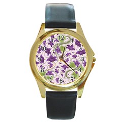 Flower Sakura Star Purple Green Leaf Round Gold Metal Watch by Mariart