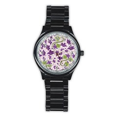 Flower Sakura Star Purple Green Leaf Stainless Steel Round Watch