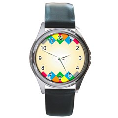 Plaid Wave Chevron Rainbow Color Round Metal Watch by Mariart