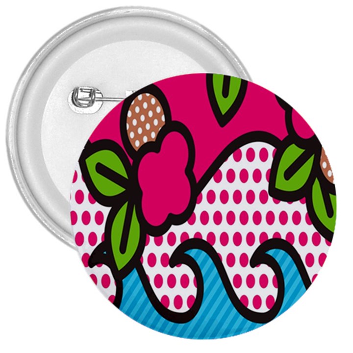 Rose Floral Circle Line Polka Dot Leaf Pink Blue Green 3  Buttons