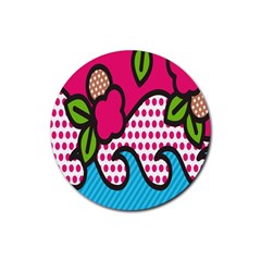 Rose Floral Circle Line Polka Dot Leaf Pink Blue Green Rubber Coaster (round) 