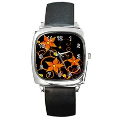 Star Leaf Orange Gold Red Black Flower Floral Square Metal Watch