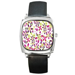 Star Flower Purple Pink Square Metal Watch by Mariart