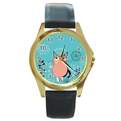 Cat Face Mask Smile Cute Leaf Flower Floral Round Gold Metal Watch