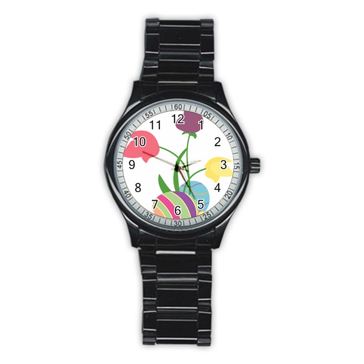 Eggs Three Tulips Flower Floral Rainbow Stainless Steel Round Watch