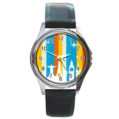 Eiffel Tower Monument Statue Of Liberty Round Metal Watch by Mariart