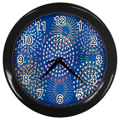 Fireworks Party Blue Fire Happy Wall Clocks (black) by Mariart