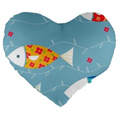 Fish Cute Swim Blue Sea Large 19  Premium Heart Shape Cushions by Mariart