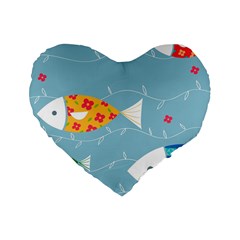 Fish Cute Swim Blue Sea Standard 16  Premium Flano Heart Shape Cushions